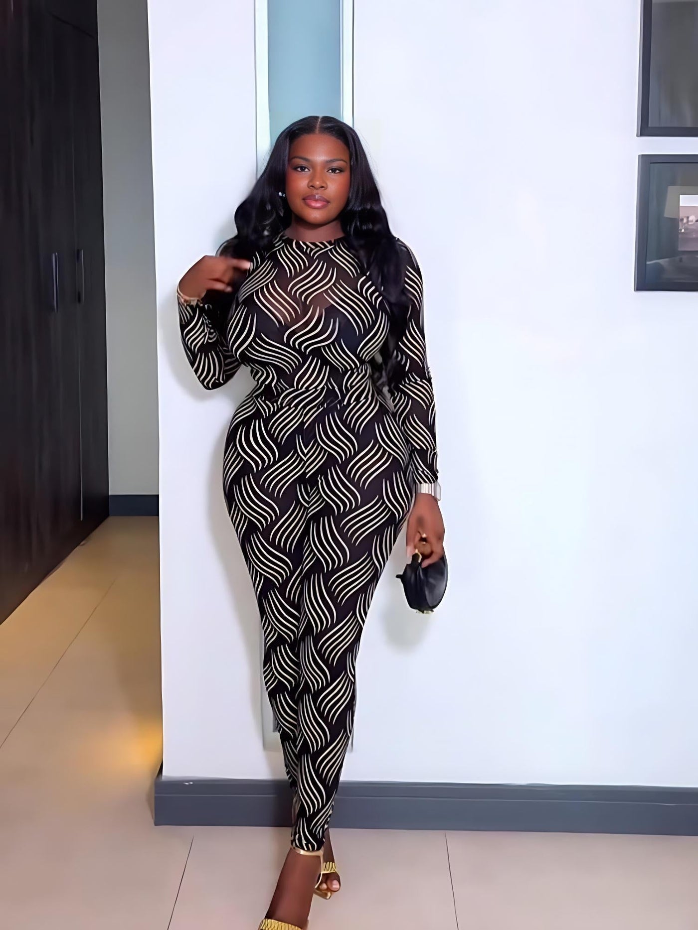 Black & White Wave Print Sheer Bodysuit Pants Set