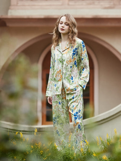 Morning Glory  and Lily Pattern Cardigan Long Sleeve Pajama Set