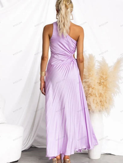 Pleated One-Shoulder Cut-Out Waist Gown