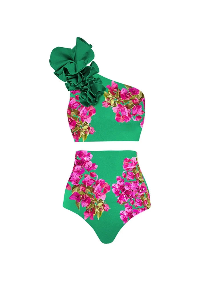 One-Shoulder Printed High-Waist Bikini Set