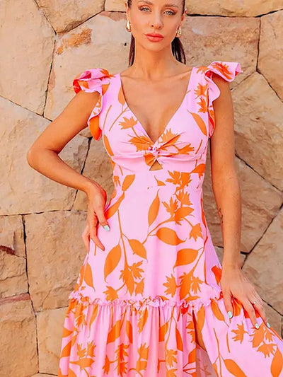 Ruffle Trim Beach Vacation Printed Swimsuit Set