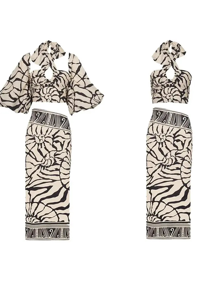 Halter Printed Swimsuit Set with Detachable Sleeves