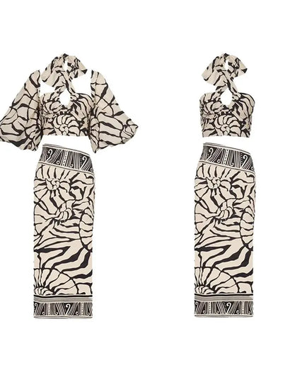 Halter Printed Swimsuit Set with Detachable Sleeves