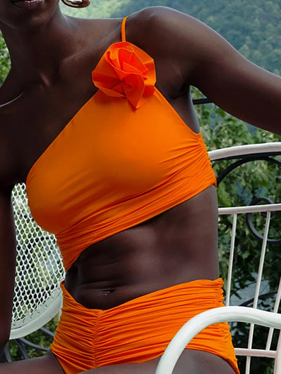 3D Floral Glossy Solid Swimsuit Set