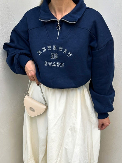 Urban Zip-Collar Embroidered Top