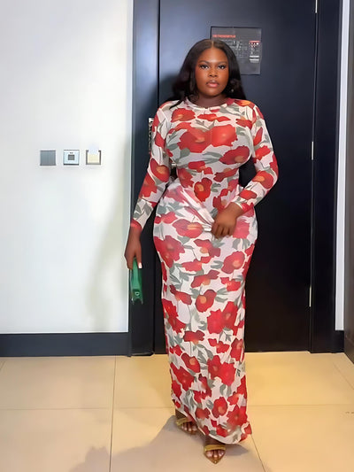 Red Floral Print Bodysuit Skirt Set