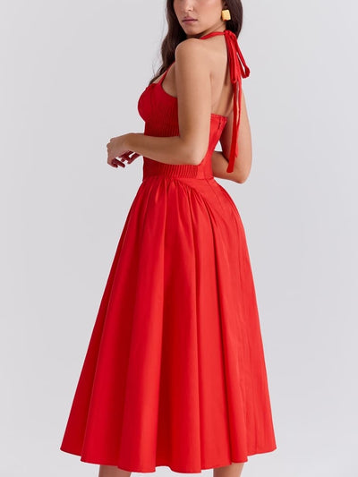 Red Backless Halter Midi Dress