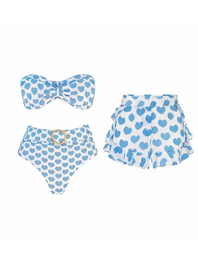 Heart Print Fresh Shorts Bikini Set