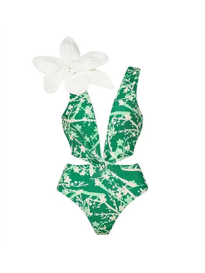 Floral Appliqué Green Printed One-Piece Swimsuit