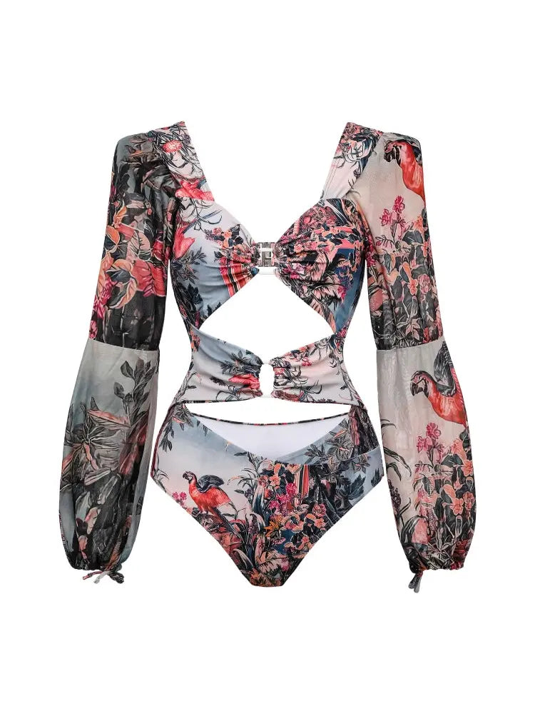 Vintage Print Cutout Swimsuit with Long Sleeves