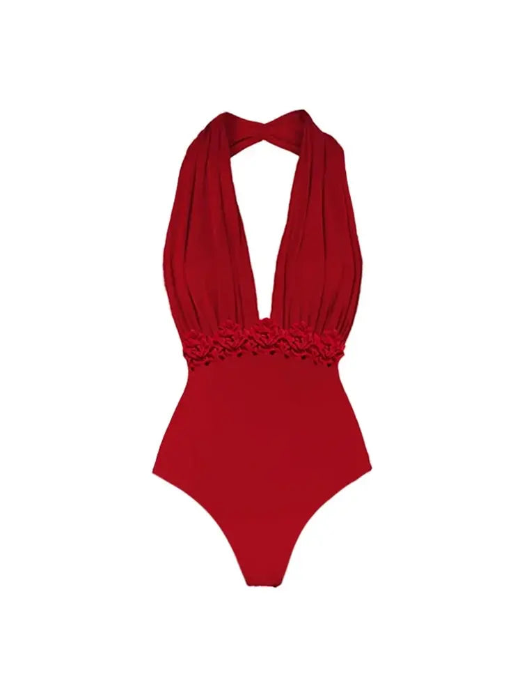 Deep V Halter Solid One Piece Swimsuit Set
