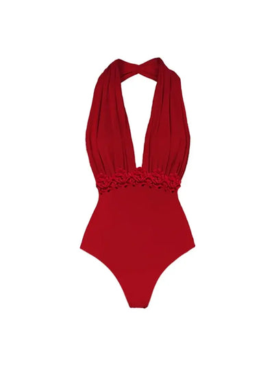 Deep V Halter Solid One Piece Swimsuit Set