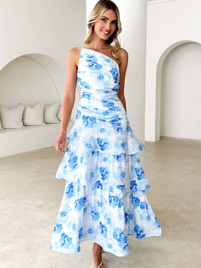 One-Shoulder Strappy Floral Print Dress