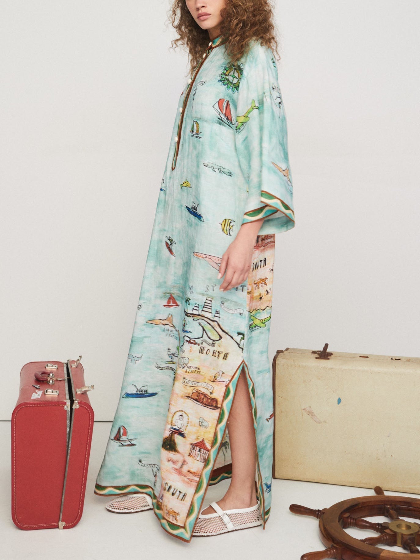 Modern Satin Art Island Print Slit Maxi Dress