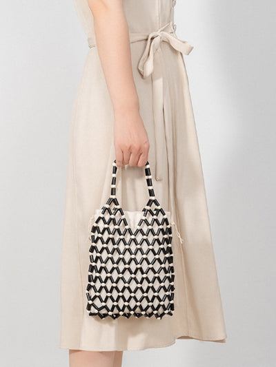 Hollow-Out Wooden Bead Woven Tote Bag