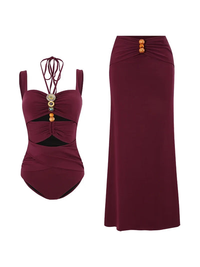 Burgundy Boho Beaded Cutout Swimsuit Set