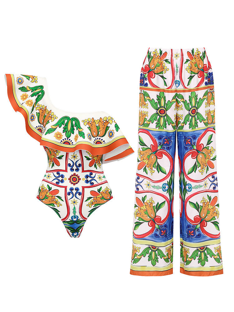 Ruffle Enamel Floral Bikini Swimsuit Set