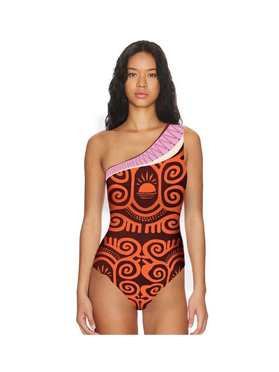 One Shoulder Ethnic Print Swimsuit