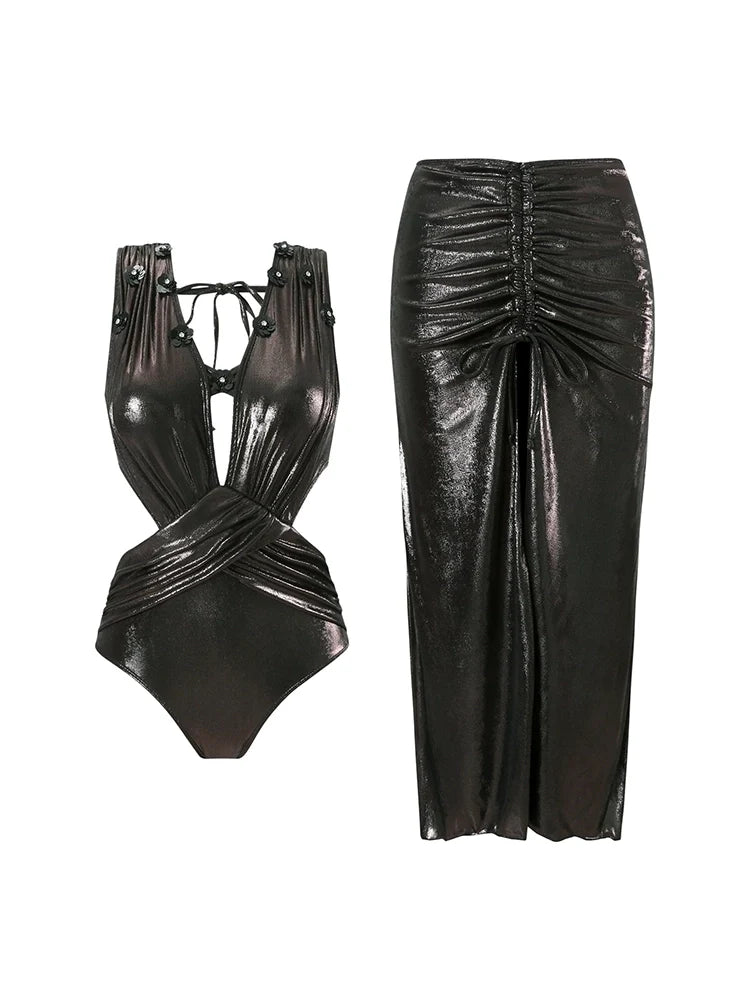 Black Sequin Appliqué Cutout Glossy Swimsuit