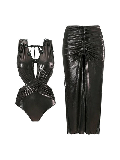 Black Sequin Appliqué Cutout Glossy Swimsuit