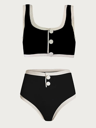 Elegant Contrast Button Detail Two-Piece Swimsuit