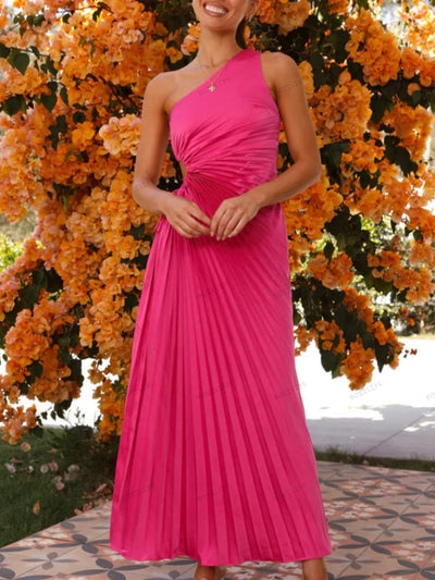 Pleated One-Shoulder Cut-Out Waist Gown