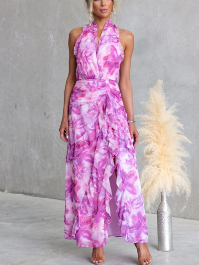Floral V-Back Slit Halter Dress