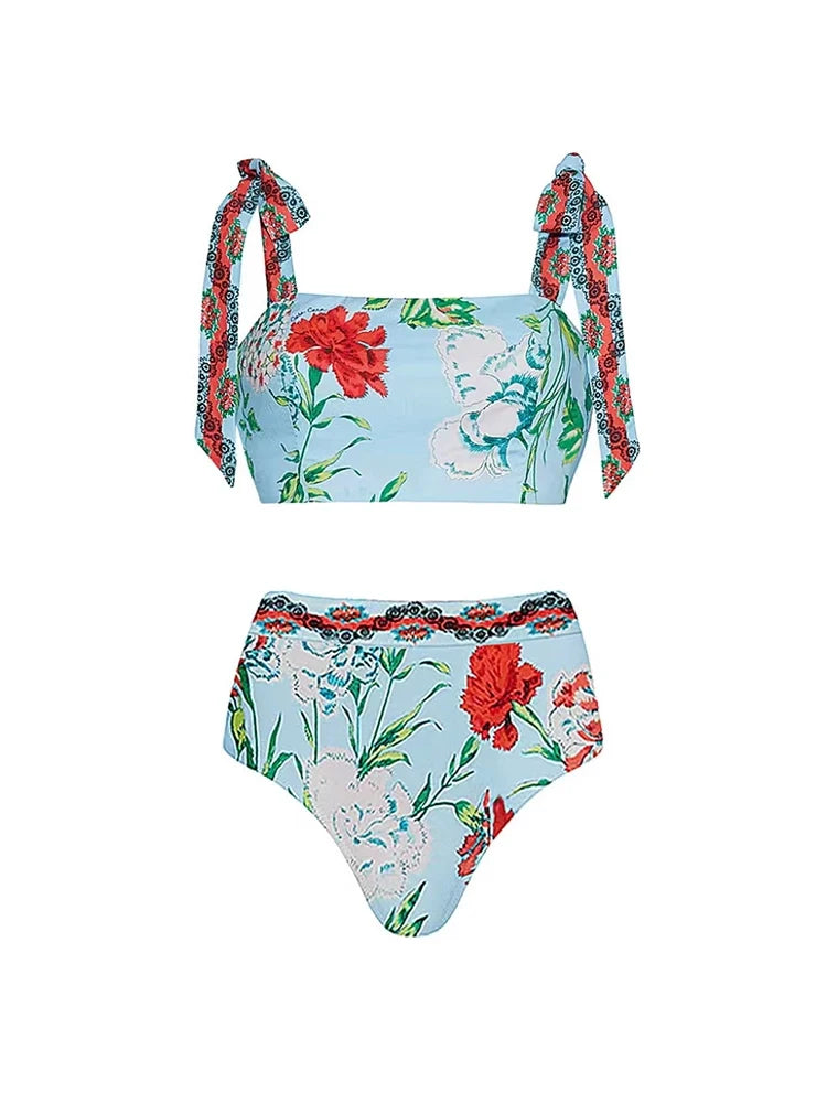 Lace Trim Tie-Up French Style Bikini Set