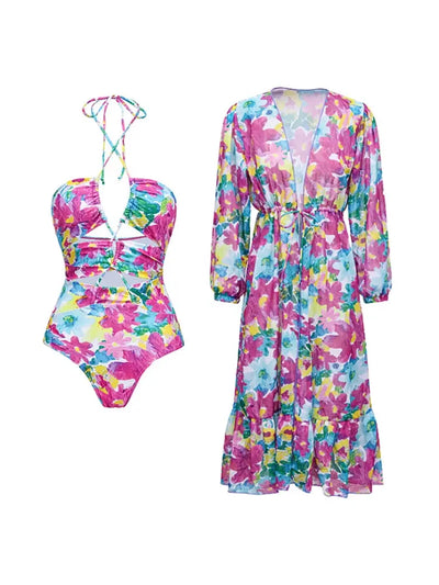 Cutout One Piece Swimsuit Set with Cover Up