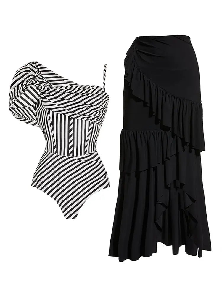 Off Shoulder Striped Print Swimsuit Set