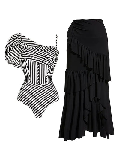 Off Shoulder Striped Print Swimsuit Set