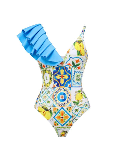 Lemon Print Backless One Piece Swimsuit Set