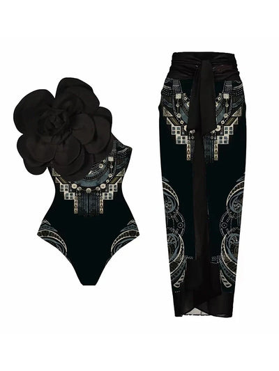 Floral Print One-Piece with 3D Black Flower