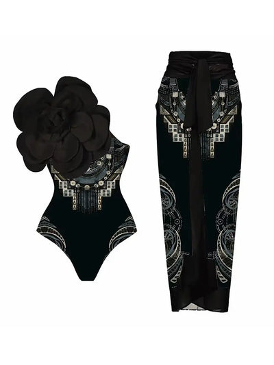 3D Black Floral Bust Decor Printed Swimsuit