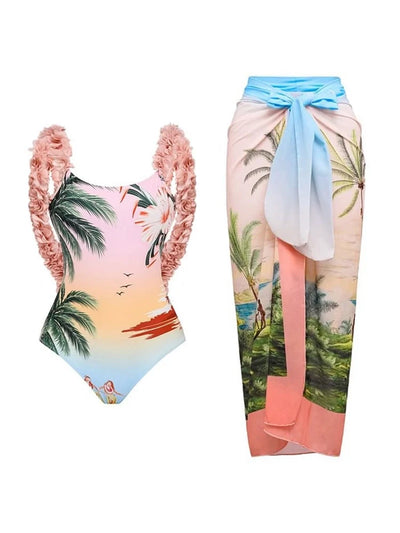 Coconut Tree Print Appliqué One-Piece Swimsuit