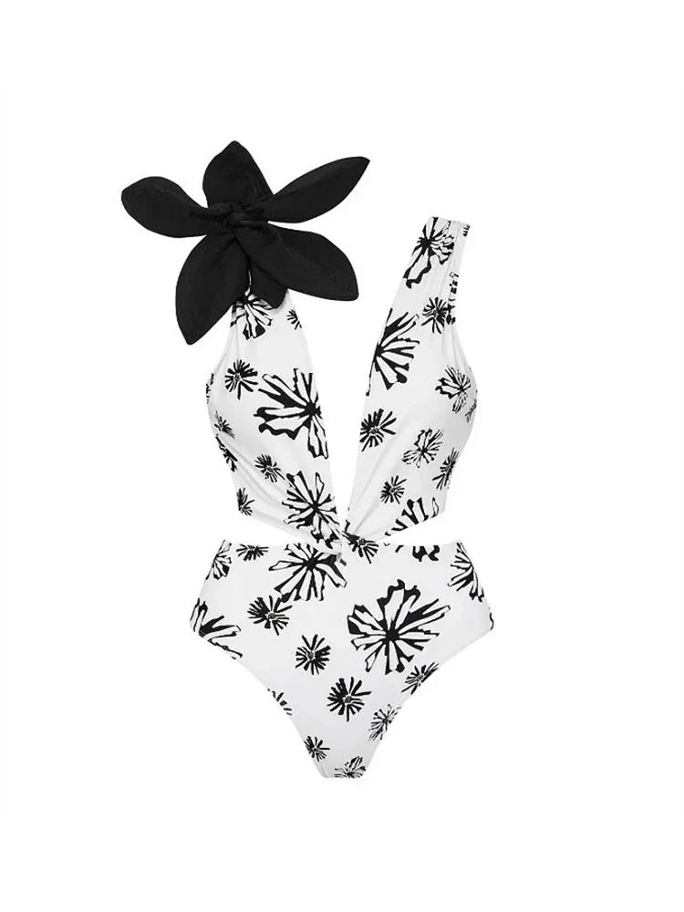 Floral Appliqué Printed White One-Piece Swimsuit