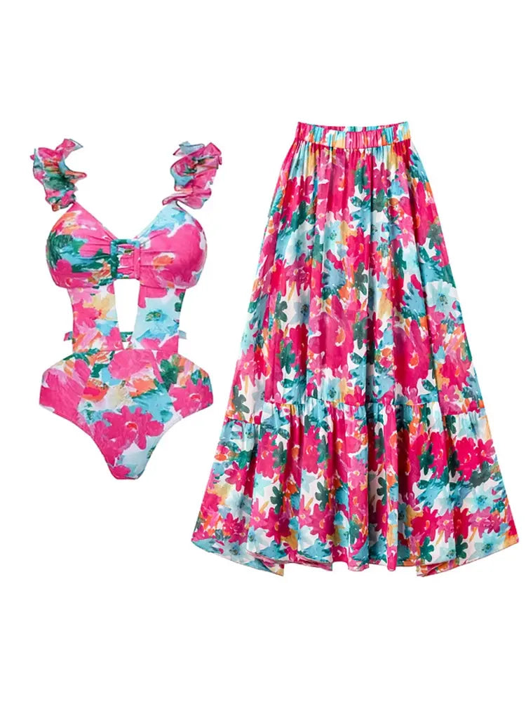Print Cutout One Piece Swimsuit Set