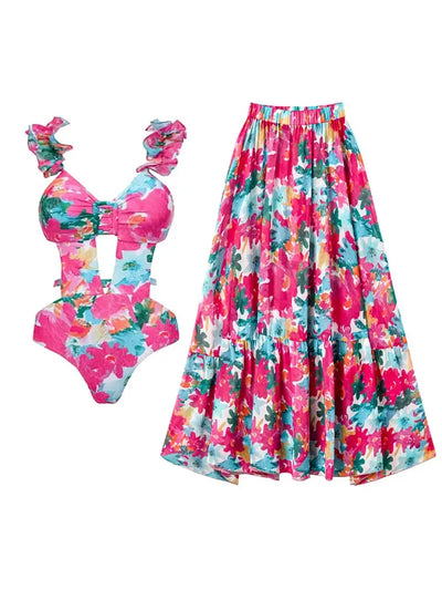 Print Cutout One Piece Swimsuit Set