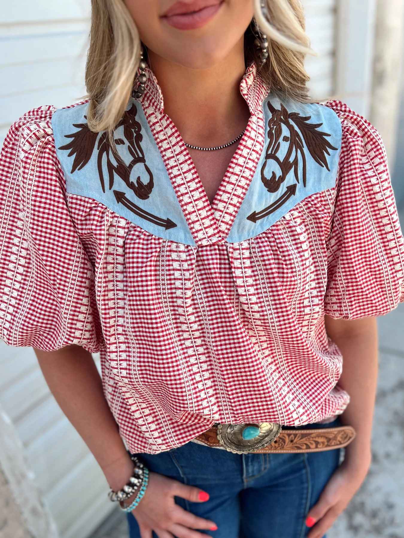 Prairie Horse Gingham Puff Sleeve Blouse