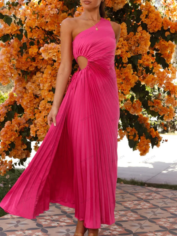 Pleated One-Shoulder Cut-Out Waist Gown