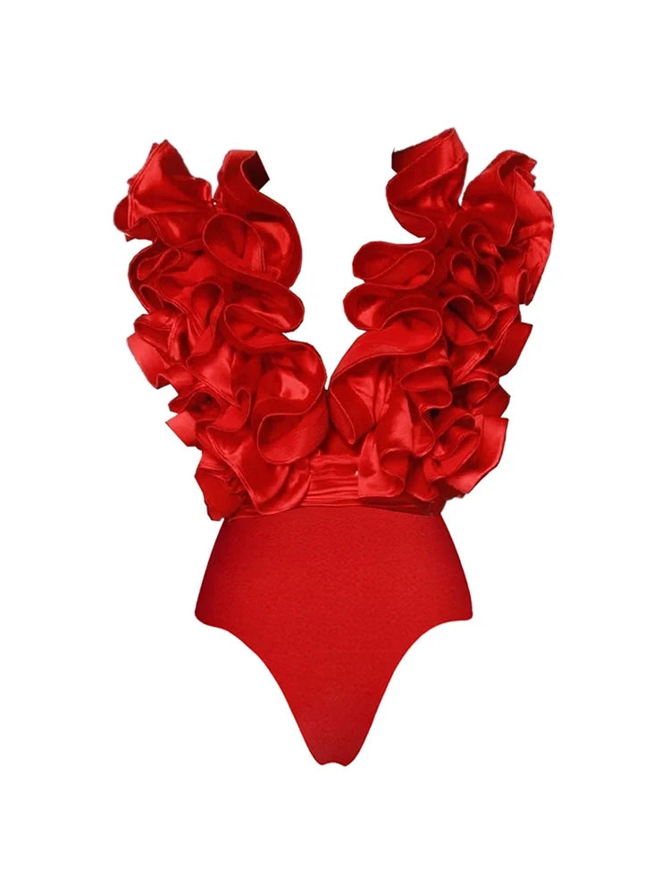 Lace Trim V-Neck Red Swimsuit Set