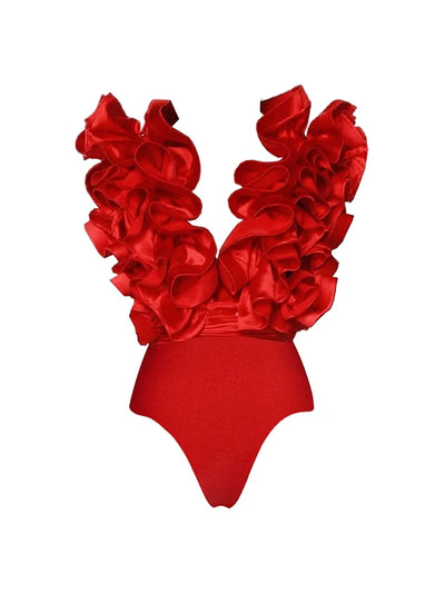 Lace Trim V-Neck Red Swimsuit Set