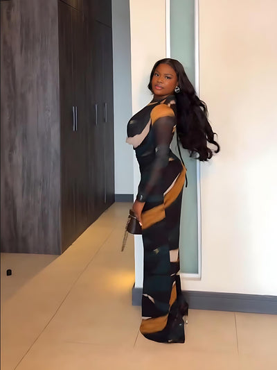 Abstract Mesh Bodysuit & Slip Dress Set