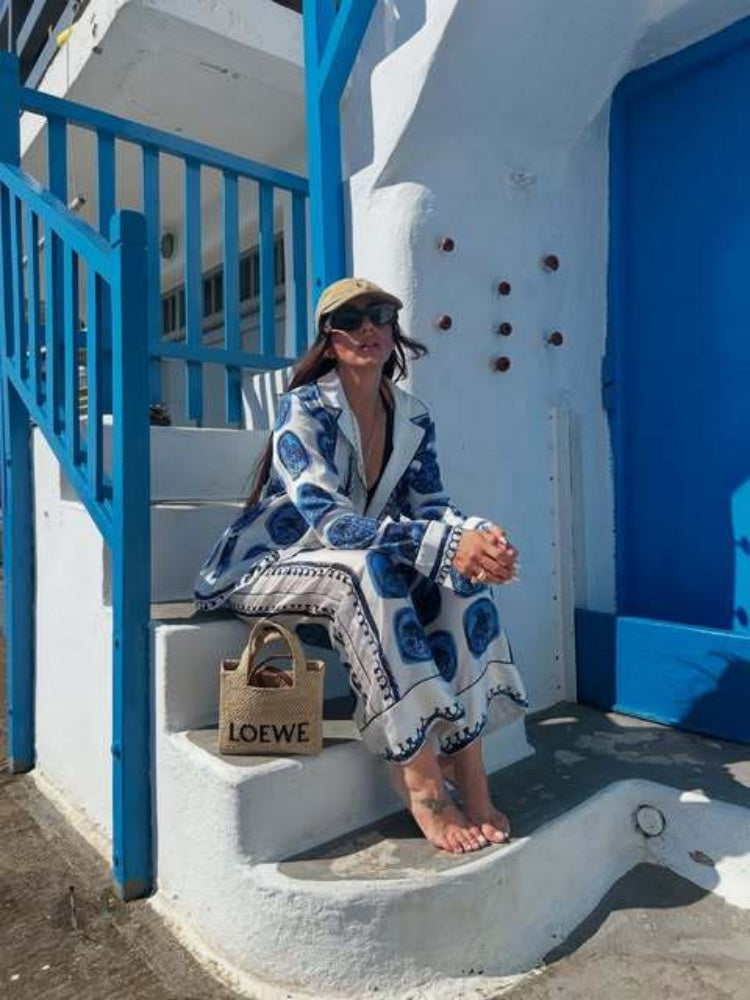 Elegance Blue Checkerboard Pants Sets