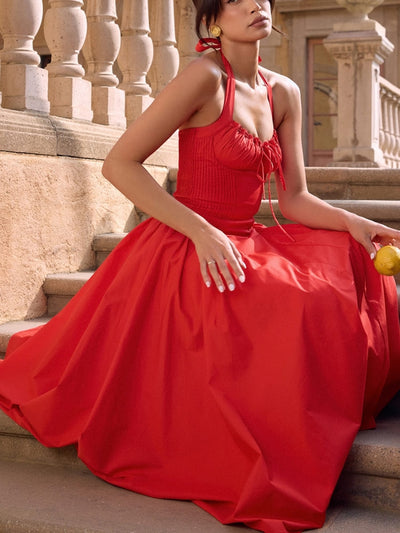 Red Backless Halter Midi Dress
