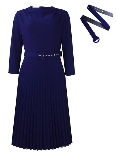 Elegant Solid Color Pleated Dress with Belt