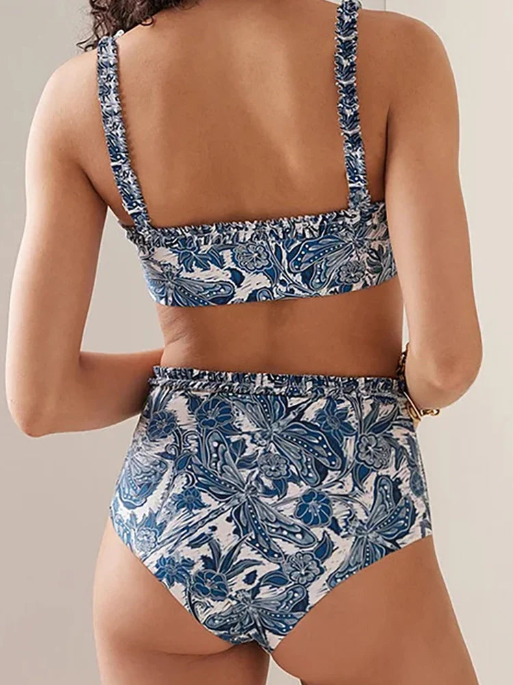 Blue Dragonfly Ruffle Skirt Swimsuit Set