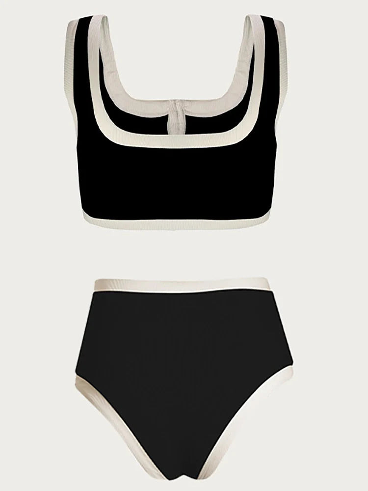Elegant Contrast Button Detail Two-Piece Swimsuit