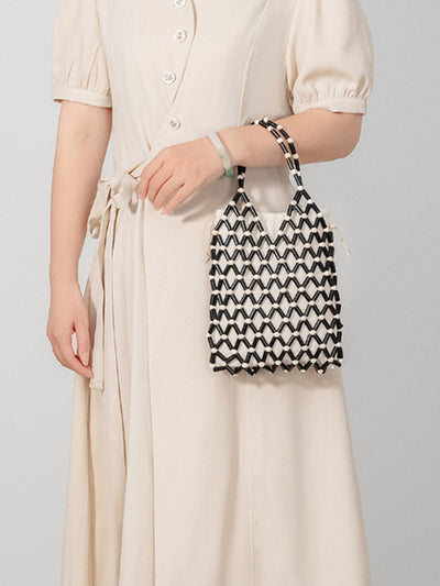 Hollow-Out Wooden Bead Woven Tote Bag