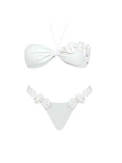 Halter Solid Color Floral Embellished Swimsuit